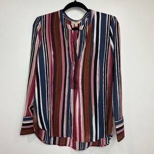 Hope & Harlow Women's Striped Russet Top Shirt Blouse Sz L Cufflinks on Sleeves